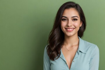 Fototapeta premium Beautiful young Hispanic woman smiling against the green background with copy space.