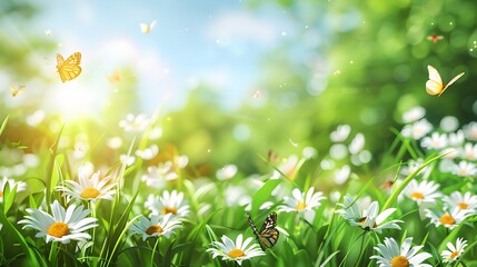 Beautiful spring meadow with white flowers and green grass background, sunshine, blue sky, green trees in the distance, flying butterflies.

