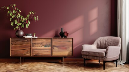 interior design,Modern Living Room with Burgundy Wall Paint, Wood Sideboard, and Armchair 3d renderin