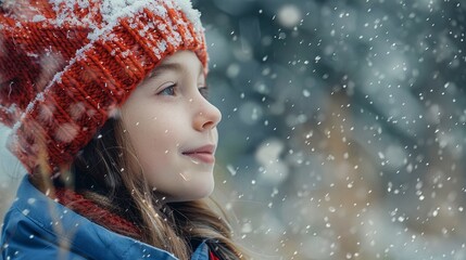 Looking at the girl in her red hat and blue coat, one cant help but be reminded of the simple joys of winter and the beauty of nature in all its seasons 8K , high-resolution, ultra HD,up32K HD