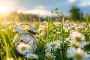 Spring forward. daylight saving time alarm clock on natural field background