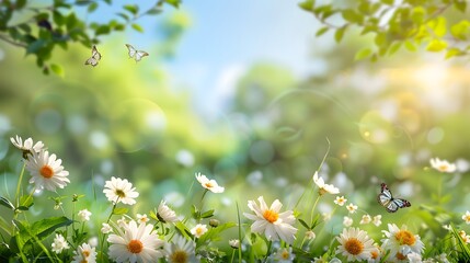Beautiful spring meadow with white flowers and green grass background, sunshine, blue sky, green trees in the distance, flying butterflies.
