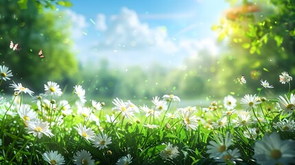 Fototapeta premium Beautiful spring meadow with white flowers and green grass background, sunshine, blue sky, green trees in the distance, flying butterflies. 