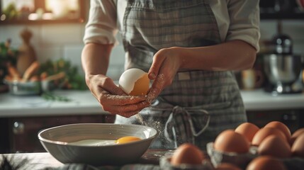 Woman preparing delicious homemade meal cracking egg into bowl in cozy home kitchen cooking scene