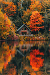 Fototapeta premium A tranquil lakeside cabin nestled amidst a forest of vibrant autumn foliage, with trees ablaze in hues of red, orange, and gold, reflecting in the calm waters of the lake.