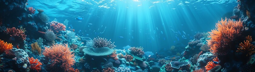 Fototapeta premium Wallpaper of an imaginative 3D underwater world, side view, Deep sea fantasy, futuristic tone, Splitcomplementary color scheme