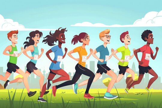 A cartoon illustration of diverse runners happily jogging together in a park, with a city skyline in the background, emphasizing fitness, unity, and the joy of Global Running Day