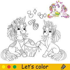 Kids coloring with cute unicorns and drum vector © alinart