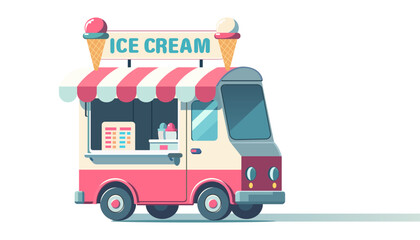 Vector illustration of colorful ice cream truck in flat style. ice cream machine