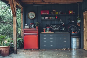 Craftsman workshop at the end of the day, Cozy garage interior with eclectic decor, vintage motorcycle, red tool chest, assorted memorabilia on shelves; a well-organized and personal space.