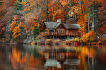 Fototapeta premium A tranquil lakeside cabin nestled amidst a forest of vibrant autumn foliage, with trees ablaze in hues of red, orange, and gold, reflecting in the calm waters of the lake.