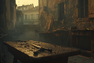 Craftsman workshop at the end of the day, Mystic light filters through a dusty workshop with an aged worktable covered in metal tools; a haunting stillness pervades this space of creation.