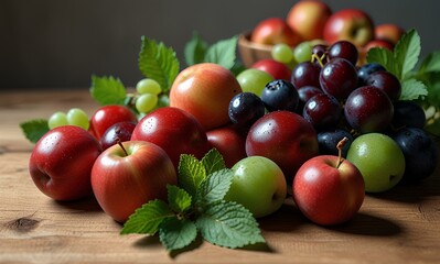  Red apples, green grapes, blue and green plums, mint leaves, lying on a wooden table