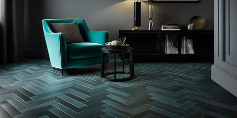  Herringbone patterned tiles in shades of grey, complemented by a vibrant teal carpet. 