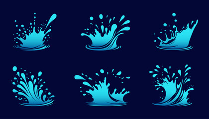 Naklejka premium Set of water wave splashes, falling aqua drops, sea or ocean waves. Blue water motion effects shape isolated on background, vector cartoon set