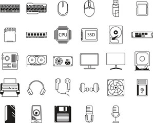 Vector Icons Set for Computer, Hardware, Business, Technology, and Communication Illustration