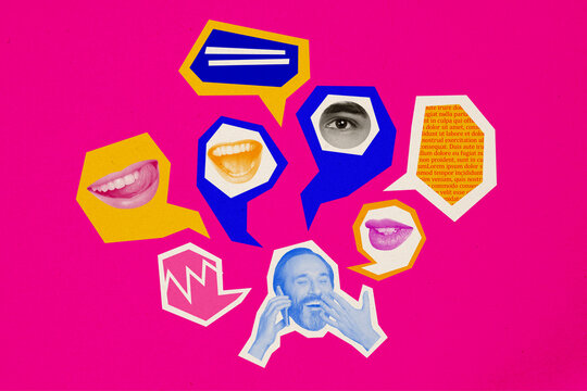 Composite collage image of mature man talk phone laugh speech bubble conversation fantasy billboard comics zine minimal