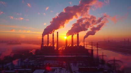 Air pollution, a large power plant with smoke coming from chimneys at sunset in the style of an impressionist painter.
