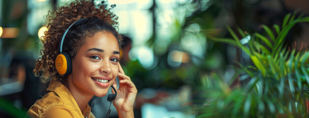 Customer service representative in headphones assists with a smile in a modern office