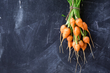 Young juicy round carrot with green leaves