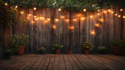 Backyard wooden fence with string lights, backyard garden, backyard deck, wooden floor, night time.
