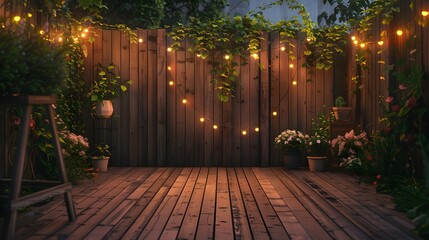 Backyard wooden fence with string lights, backyard garden, backyard deck, wooden floor, night time.
