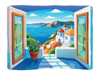 A window Greece view of a city with a blue ocean in the background. The window is open and a potted plant is on the ledge