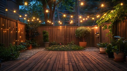 Backyard wooden fence with string lights, backyard garden, backyard deck, wooden floor, night time.
