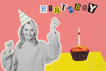 Creative abstract template collage of happy mature female dance cupcake candle celebrate birthday fantasy billboard comics zine minimal