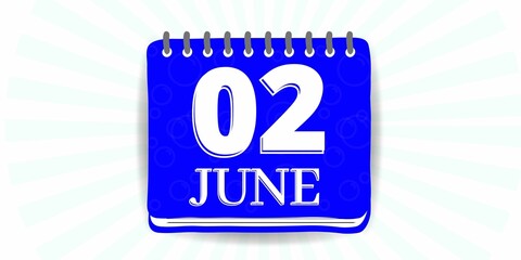 02 june, calendar with the day two of the month of june in blue color and background white