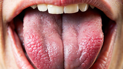Extreme close-up of a human tongue emphasizing taste buds
