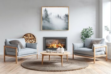 Interior design,Tranquil Scandinavian Living Room with Light Blue Accents and Natural Wood Elements  3d rendering