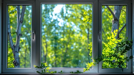 White plastic window with green trees outside. A green spring or summer nature view through the...