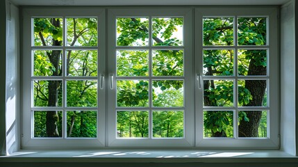 White plastic window with green trees outside. A green spring or summer nature view through the white glass windows of a modern house.
