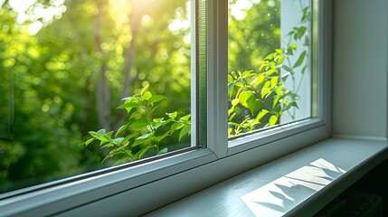 White plastic window with green trees outside. A green spring or summer nature view through the...