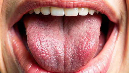 Close-up image of a tongue with visible taste receptors