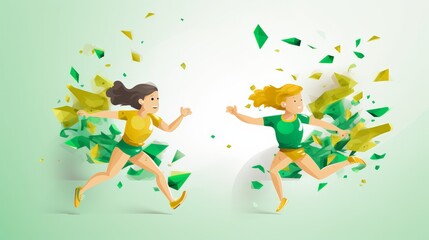Two girls running in a green and yellow background. The girls are smiling and running towards each other. Children practicing relay races flat design top view passing the baton water color
