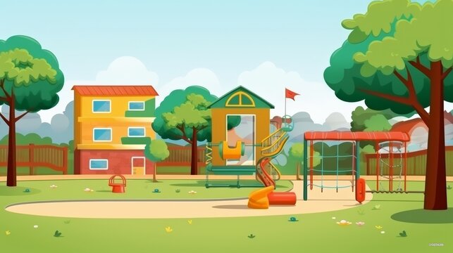 A cartoon drawing of a park with a playground and a house in the background. Children playing tag in playground flat design front view running around animation triadic color
