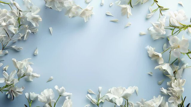 Summer floral frame with colorful flowers on blue pastel background, creating a vibrant border, empty, template copyspace for text, advertising, promotions, floral shops, events, greeting cards