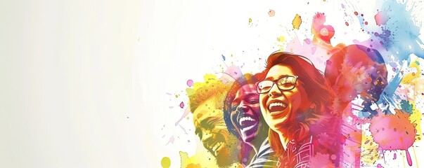 Happy group of diverse multi-racial, multi-ethnic people laughing together in energetic watercolor style