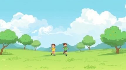 Two children are running in a park with trees in the background. The sky is blue and there are clouds in the background. Children running in a field flat design top view cross-country training cartoon