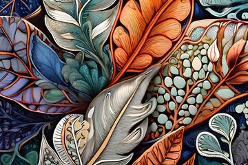 An intricate, hand-drawn leaf with a stunning array of patterns and textures, each one more intricate and unique than the last.