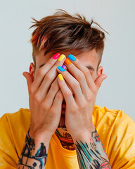 AI generated photo portrait of a young smart fashionable man in yellow t-shirt and with bright colored manicure. Isolated on white background
