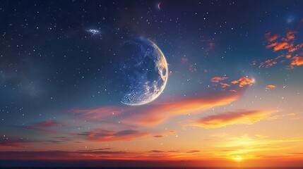 Background of half moon and starry sky