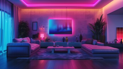 Vibrant neon hues dance across a modern living room