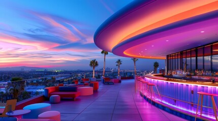 The vibrant glow of neon lights enhances the panoramic views of the city skyline offered by a rooftop bar