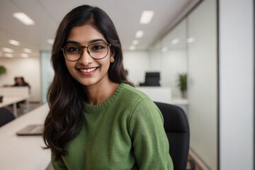 Beautiful Indian developer in a tech company office, smiling and looking at the camera with copy space.