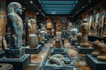 Fototapeta premium A museum exhibition showcasing timeless artifacts and artworks that offer glimpses into history and human creativity. Concept of cultural heritage and historical preservation. Generative Ai.