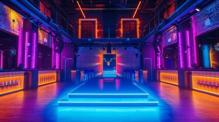 Neon lights in bold blue, orange, and pink hues illuminate the dance floor as a lively dance club...