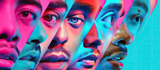 Obraz premium Diversity. Set of closeup portraits of young excited multiethnic people on multicolored background in neon.